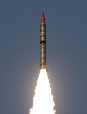 A Hatf-VI (Shaheen-II) missile, with a range of 2,000 km (1,242 miles), takes off during a test flight from an undisclosed location in Pakistan April 21, 2008. Hatf-VI