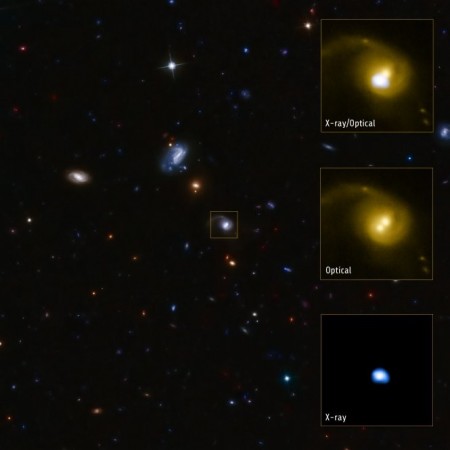 System CID-42, located about four billion light years away (X-ray: NASA/CXC/SAO/F.Civano et al; Optical: NASA/STScI; Optical (wide field): CFHT, NASA/STScI) nasa astronomers discover giant black hole kicked out of galaxy