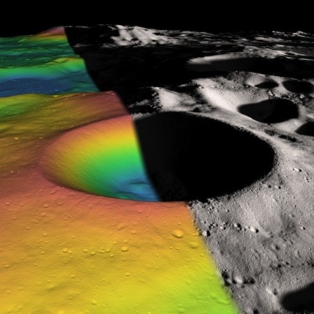 Elevation (left) and shaded relief (right) image of Shackleton, a 21-km-diameter (12.5-mile-diameter) permanently shadowed crater adjacent to the lunar south pole. The structure of the crater's interior was revealed by a digital elevation model constructed from over 5 million elevation measurements from the Lunar Orbiter Laser Altimeter. Photo Credit: NASA/Zuber, M.T. et al., Nature, 2012 Nasa estimates ice content on Moon's shackleton crater