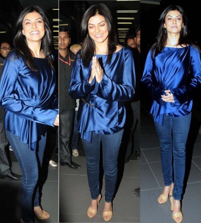 Proud mentor of I AM SHE, also the former Miss Universe Sushmita Sen strikes a pose at Mumbai Airport. Image: Facebook/ I AM SHE Proud mentor of I AM SHE, also the former Miss Universe Sushmita Sen strikes a pose at Mumbai Airport. Image: Facebook/ I AM SHE