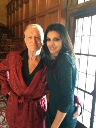 Sherlyn Chopra with Play magazine founder Hugh Hefner (Twitter) Sherlyn Chopra