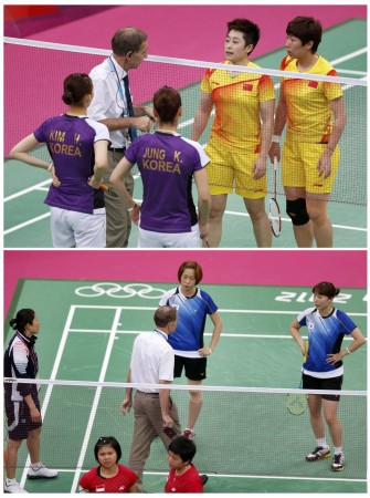 Combination photo shows officials speaking to players from China and South Korea, and players from South Korea and Indonesia during their women's doubles group stage badminton matches during the London 2012 Olympic Games Wang Xiaoli, Yu Yang, Greysia Polii, Meiliana Jauhari, Jung Kyung-eun, Kim Ha-na, Ha Jung-eun, Kim Min-jung