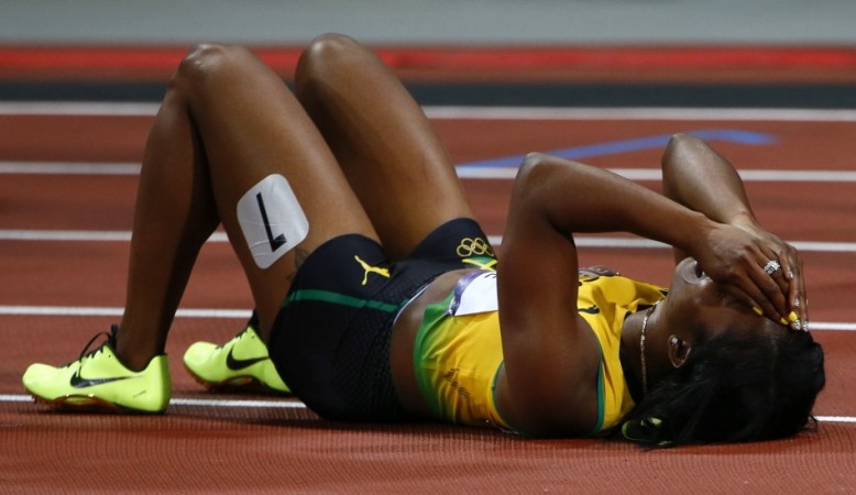 Jamaica's Shelley-Ann Fraser-Pryce reacts after winning the women's 100m final at the London 2012 Olympic Games Shelley-Ann Fraser-Pryce