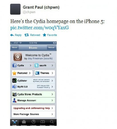 Screen shot of Grant Paul's tweets on iPhone 5 jailbreaks Screen shot of Grant Paul's tweets on iPhone 5 jailbreaks