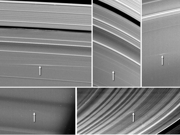 Five images of Saturn's rings, taken by NASA's Cassini spacecraft between 2009 and 2012