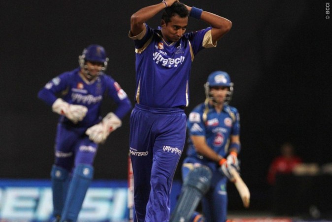 Rajasthan Royals player Ankeet Chavan reacts during match 66 of the Pepsi Indian Premier League ( IPL) 2013 between The Mumbai Indians and the Rajasthan Royals held at the Wankhede Stadium in Mumbai on the 15th May 2013 IPL