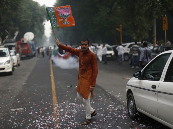 A BJP supporter waves the party's flag before Narendra Modi was crowned BJP's prime ministerial candidate in New Delhi BJP supporter
