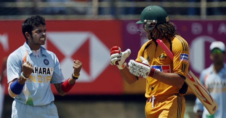 India's Shanthakumaran Sreesanth celebrates after dismissing Australia's Andrew Symonds (R) during their second one-day international cricket match in Kochi October 2, 2007 Andrew Symonds (R)