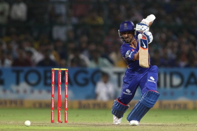 Rajathan Royals opener Ajinkya Rahane drives one through the offside during his 70 against CSK in the CLT20 semifinals, October 4. Shaun Roy/CLT20/SPORTZPICS Rahane