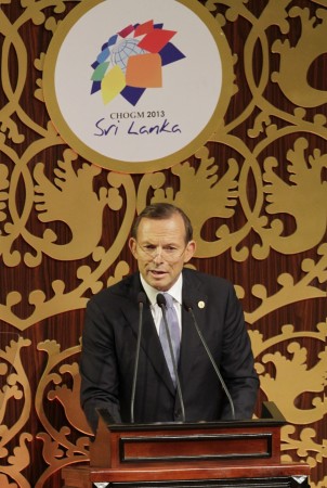 Australia's Prime Minister Tony Abbott addresses during the CHOGM opening ceremony in Colombo