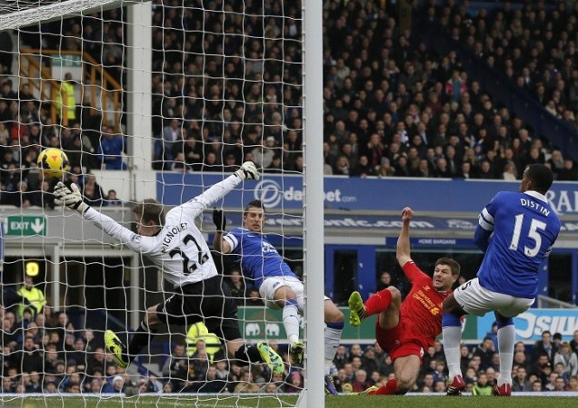 Kevin Mirallas scores for Everton in the Merseyside Derby against Liverpool, November 23. Reuters Mirallas Everton Gerrard Liverpool