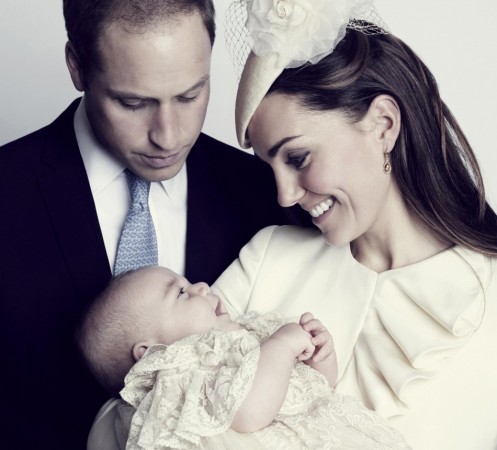 Britain's Prince William, his wife Catherine, Duchess of Cambridge and their son Prince George, pose for the official portrait in London. Prince George