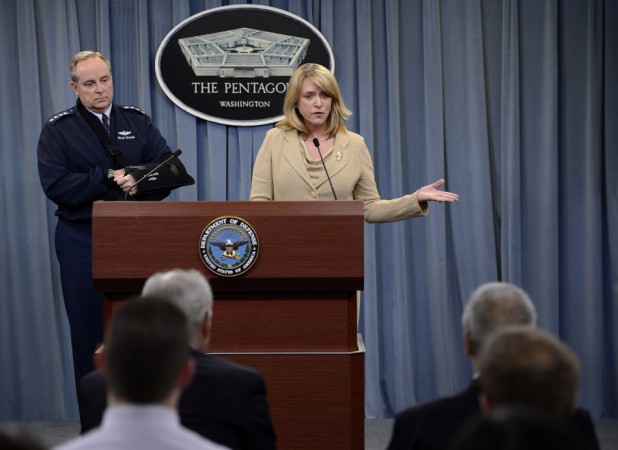 Secretary of the Air Force Deborah Lee James and Air Force Chief of Staff Gen. Mark A. Welsh III speak about an investigation involving missile launch officers during a press briefing Jan. 15, 2014, in the Pentagon, Washington D.C.