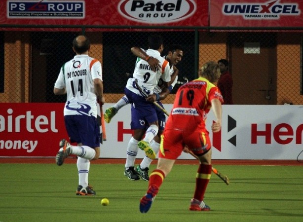 Uttar Pradesh Wizards celebrate a goal against the Ranchi Rhinos in their Hockey India League game. Hockey India Uttar Pradesh Wizards Raghunath Ranchi Rhinos