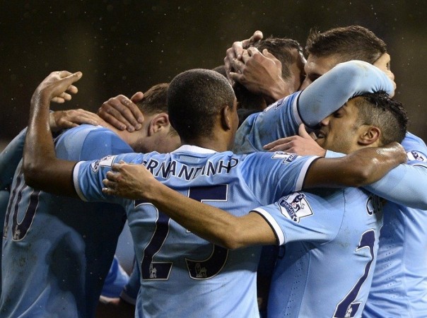 Manchester City players celebrate a goal against West Ham in the English Premier League, 29 January. Reuters Manchester City