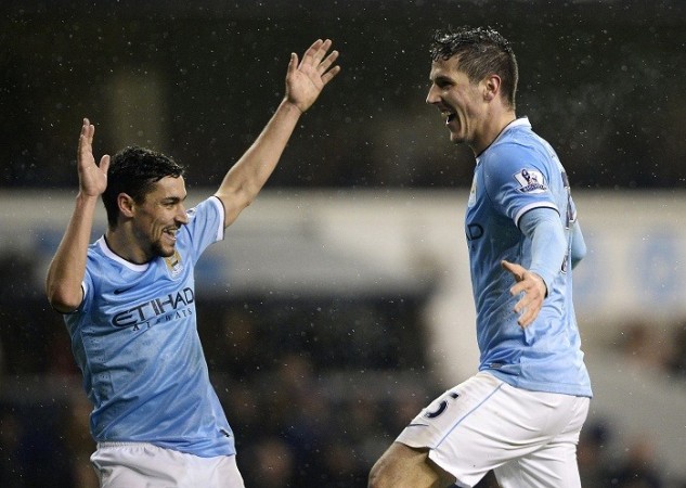 Manchester City's Jesus Navas and Stevan Jovetic celebrate a goal against Tottenham in the English Premier League, 29 January. Reuters Jesus Navas Stevan Jovetic Manchester City