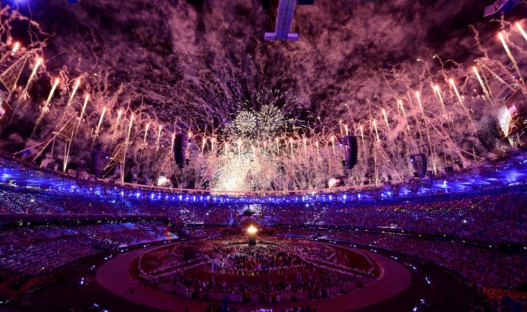 Fireworks explode over the Olympic Stadium during the opening ceremony of the London 2012 Olympic Games July 27, 2012.