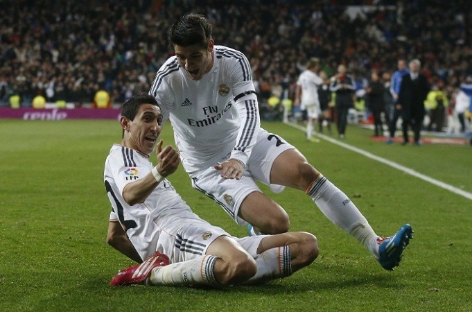 Angel Di Maria and Alvaro Morata celebrate a goal against Atletico Madrid, 5 January. Reuters Angel Di Maria Alvaro Morata Real Madrid