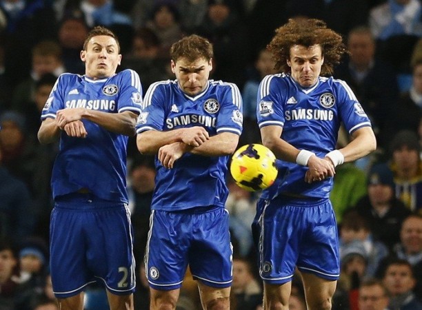Nemanja Matic, Branislav Ivanovic and David Luiz try to block a freekick during the English Premier League game against Manchester City, 3 January. Reuters Nemanja Matic, Branislav Ivanovic, David Luiz, Chelsea