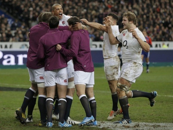 England players celebrate a try against France in their Six Nations match, 1 February. Reuters England rugby