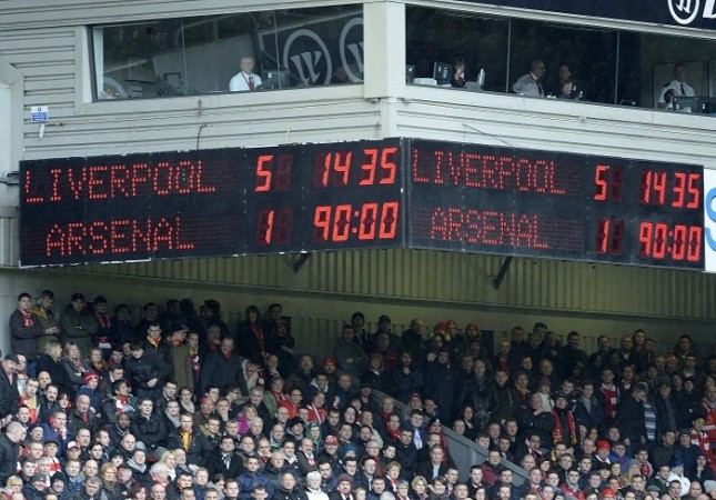 The scoreboard is seen after Liverpool's massive victory over Arsenal in the English Premier League, 8 January. Reuters Liverpool Arsenal 5-1