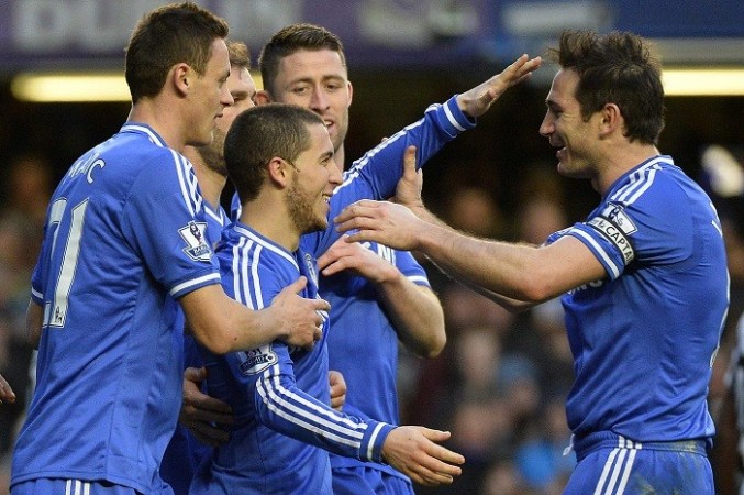 Chelsea playmaker Eden Hazard celebrates with his teammates after scoring against Newcastle in the English Premier League, 8 February. Reuters Chelsea Eden Hazard Cahill Lampard Matic