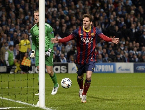Barcelona forward Lionel Messi celebrates after scoring past Manchester City goalkeeper Joe Hart from the penalty spot in their Champions League last 16 first leg game, 18 February. Reuters Lionel Messi Barcelona Manchester City Joe Hart