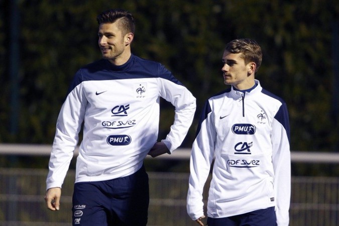 France players Olivier Giroud and Antoine Griezmann during a training session, 3 March Olivier Giroud Antoine Griezmann France
