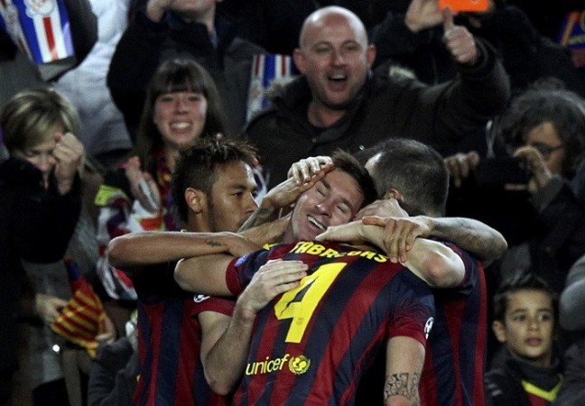 Barcelona forward Lionel Messi celebrates with his teammates after scoring against Manchester City in the Champions League, 12 March. Reuters Messi Neymar Barcelona