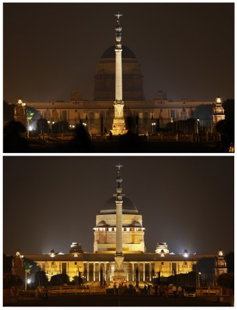 A combination picture shows India's presidential palace Rashtrapati Bhavan before (bottom) and during Earth Hour in New Delhi March 29, 2014.