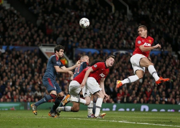 Manchester United skipper Nemanja Vidic scores the opening goal against Bayern Munich in their Champions League quarterfinal first leg tie, 1 April. Reuters Nemanja Vidic Manchester United Bayern Munich