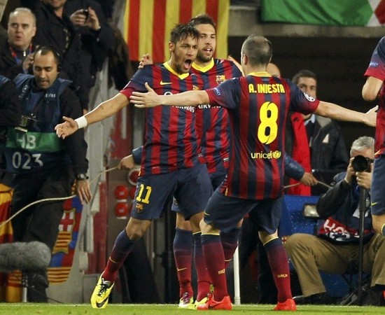 Neymar celebrates with Andres Iniesta after scoring against Atletico Madrid, 1 April. Reuters Neymar Andres Iniesta Jordi Alba Barcelona