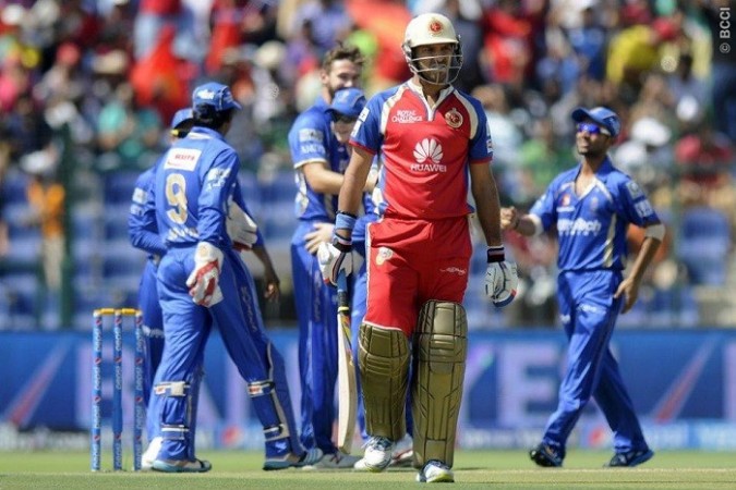 RCB batsman Yuvraj Singh walks off the field after being dismissed by Rajasthan Royals fast bowler Kane Richardson in their IPL 2014 game, 16 April. Pal Pillai/IPL/SPORTZPICS Yuvraj Singh RCB Rajasthan Royals