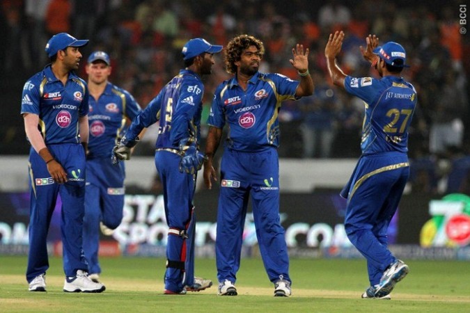 Mumbai Indians fast bowler Lasith Malinga celebrates a wicket against Sunrisers Hyderabad in their IPL 2014 match, 12 May Lasith Malinga Rohit Sharma Mumbai Indians