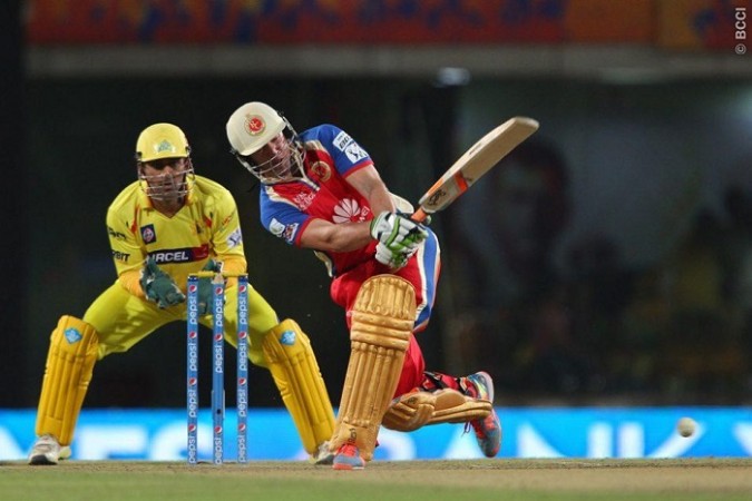 RCB batsman AB De Villiers plays a shot to the onside against CSK in their IPL 2014 game, 18 May AB De Villiers RCB