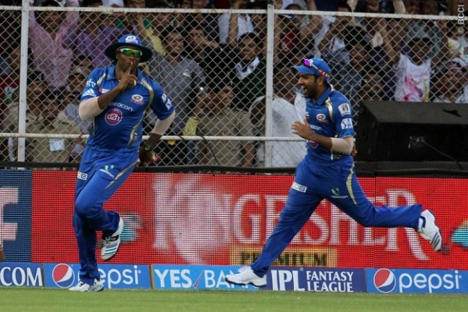 Mumbai Indians player Kieron Pollard celebrates after completing a brilliant catch in their IPL 2014 game against the Rajasthan Royals, 19 May Kieron Pollard Rohit Sharma Mumbai Indians