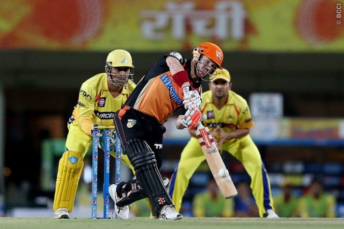 Sunrisers Hyderabad opener David Warner hits a boundary against CSK in their IPL 2014 game, 22 May David Warner Sunrisers Hyderabad