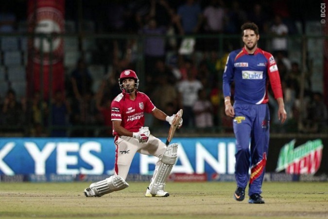 Kings XI Punjab batsman Rishi Dhawan celebrates after hitting the winning runs against the Delhi Daredevils in their IPL 2014 game, 19 May Rishi Dhawan Kings XI Punjab Wayne Parnell Delhi Daredevils
