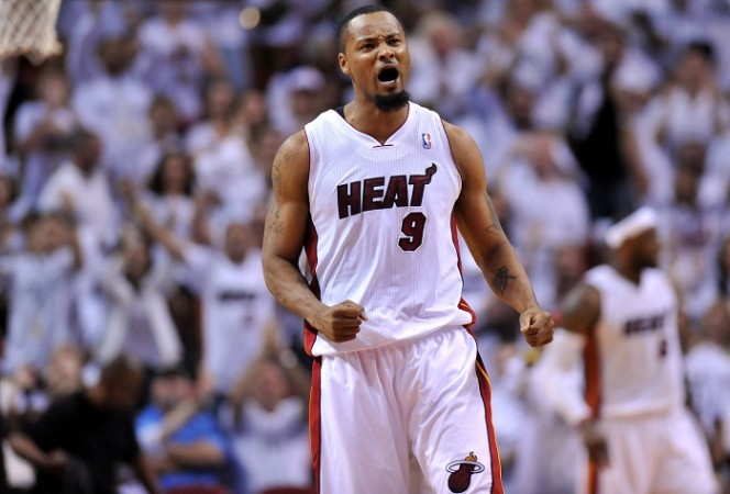 Miami Heat's Rashard Lewis reacts against the Indiana Pacers in game three. Rashard Lewis