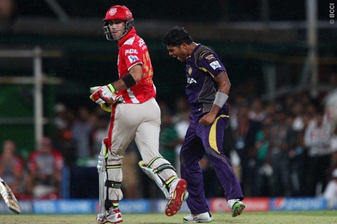KKR fast bowler Umesh Yadav celebrates the wicket of Kings XI Punjab batsman Glenn Maxwell, 28 May Umesh Yadav KKR Glenn Maxwell Kings XI Punjab