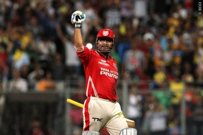 Kings XI Punjab opener Virender Sehwag celebrates after reaching his century against the Chennai Super Kings, 30 May Virender Sehwag Kings XI Punjab