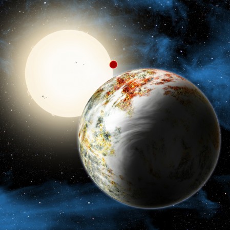An artist concept shows the Kepler-10 system, home to two rocky planets. In the foreground is Kepler-10c, a planet that weighs 17 times as much as Earth and is more than twice as large in size. This discovery has planet formation theorists challenged to e