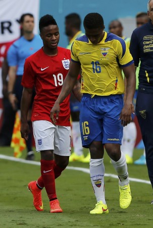 England's Raheem Sterling and Ecuador's Luis Antonio Valencia walk off the field after both were sent off in Miami Raheem Sterling and Antonio Valencia