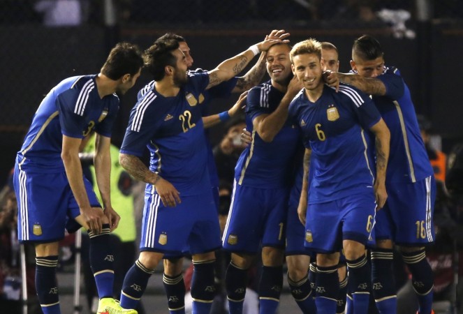 Argentina celebrate after scoring their second goal against Trinidad and Tobago on Wednesday Argentina