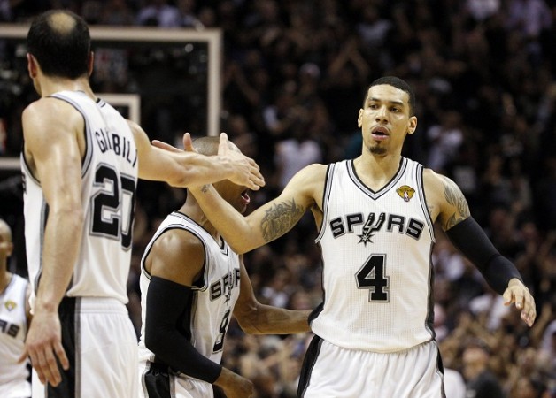 San Antonio's Danny Green celebrates with Tim Duncan against Miami. Danny Green San Antonio Spurs