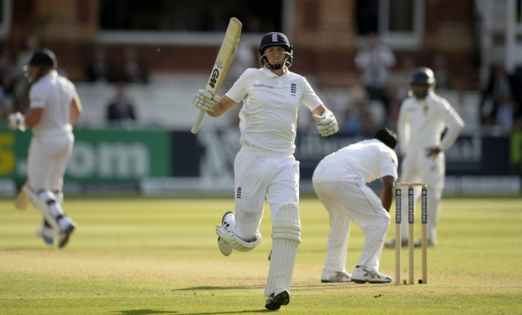 England's Joe Root celebrates after reaching his century against Sri Lanka at Lord's. Joe Root celebrates