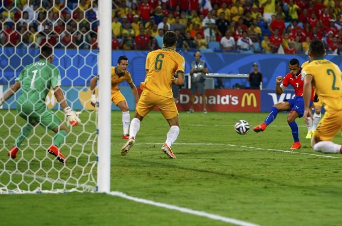 Chile forward Alexis Sanchez scores against Australia in their Group B match, 13 June Alexis Sanchez Chile Australia