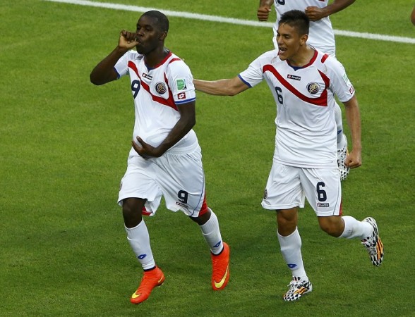 Costa Rica striker Joel Campbell celebrates after scoring against Uruguay in their FIFA World Cup 2014 Group D match, 14 June Joel Campbell Costa Rica