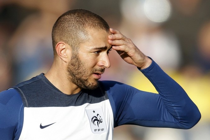 France's Karim Benzema reacts during a training session in Ribeirao Preto. Karim Benzema