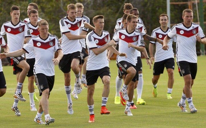 Germany national team warm up during a training session in the village of Santo Andre Germany